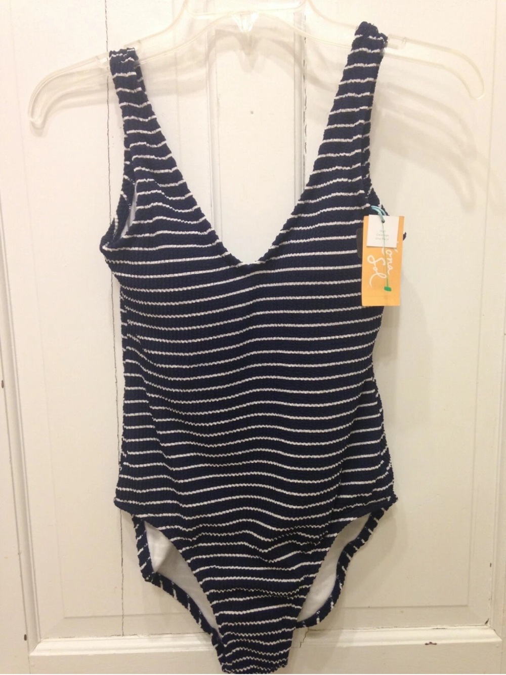 Kona Sol High Coverage Navy Blue And White Stripe One Piece Swimsuit